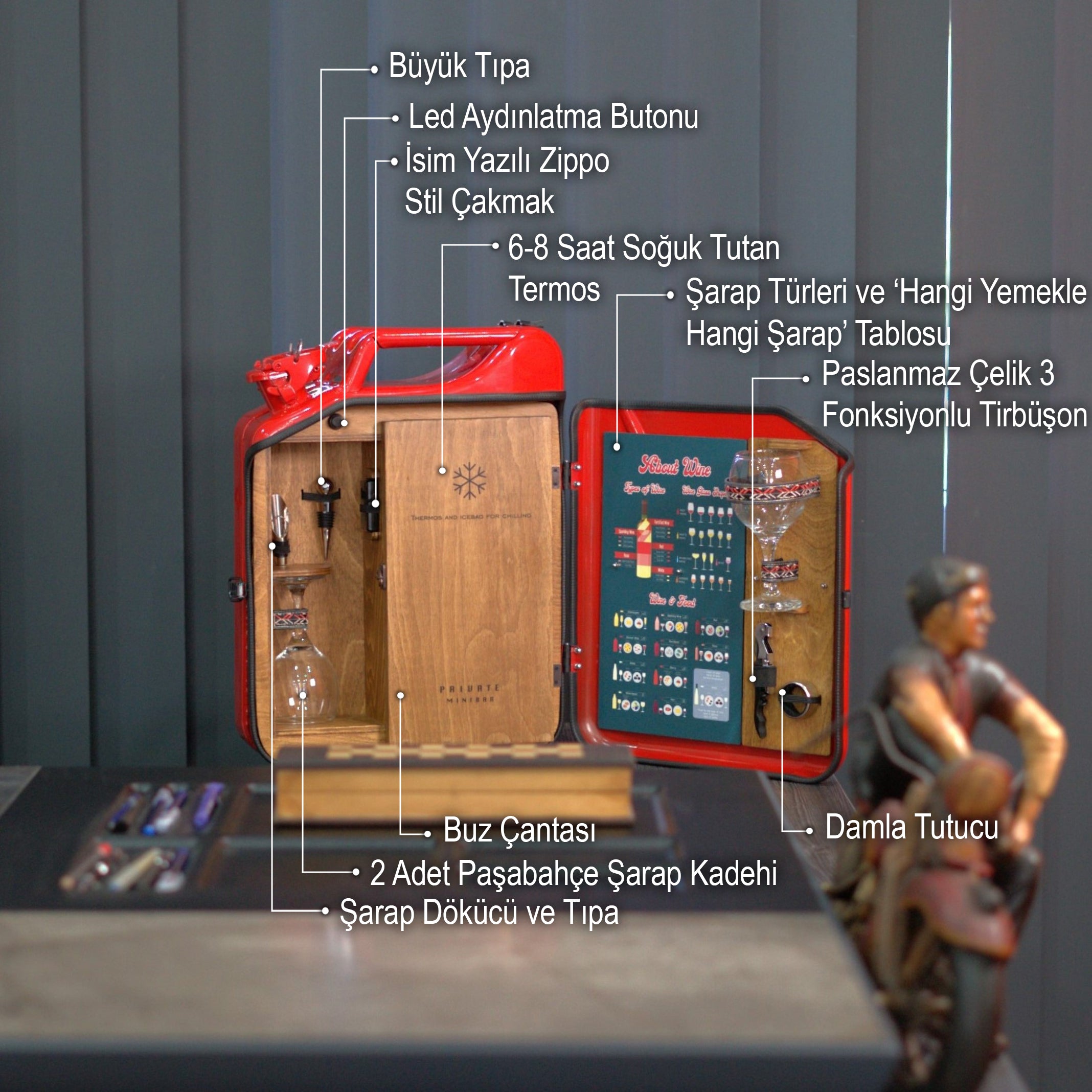 Çelik Bidon Termoslu Portatif Minibar / Full Aksesuar Şarap Konsepti