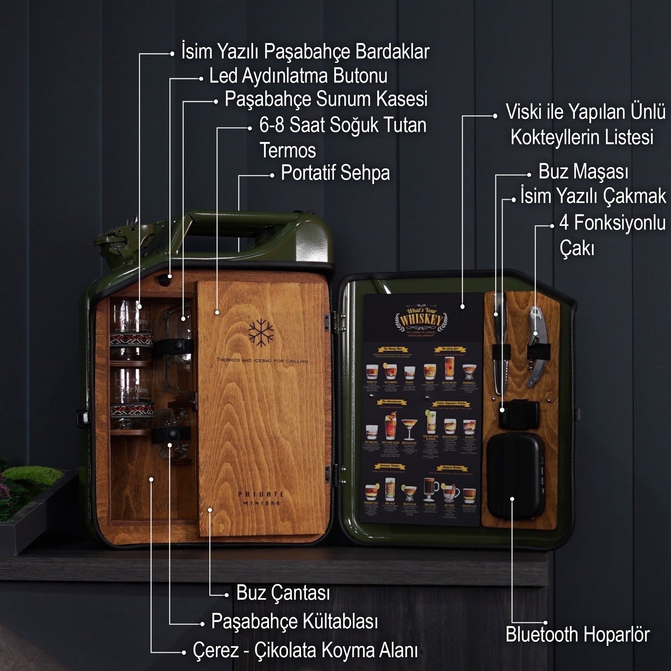 Çelik Bidon Termoslu Portatif Minibar / Full Aksesuar Viski Konsept