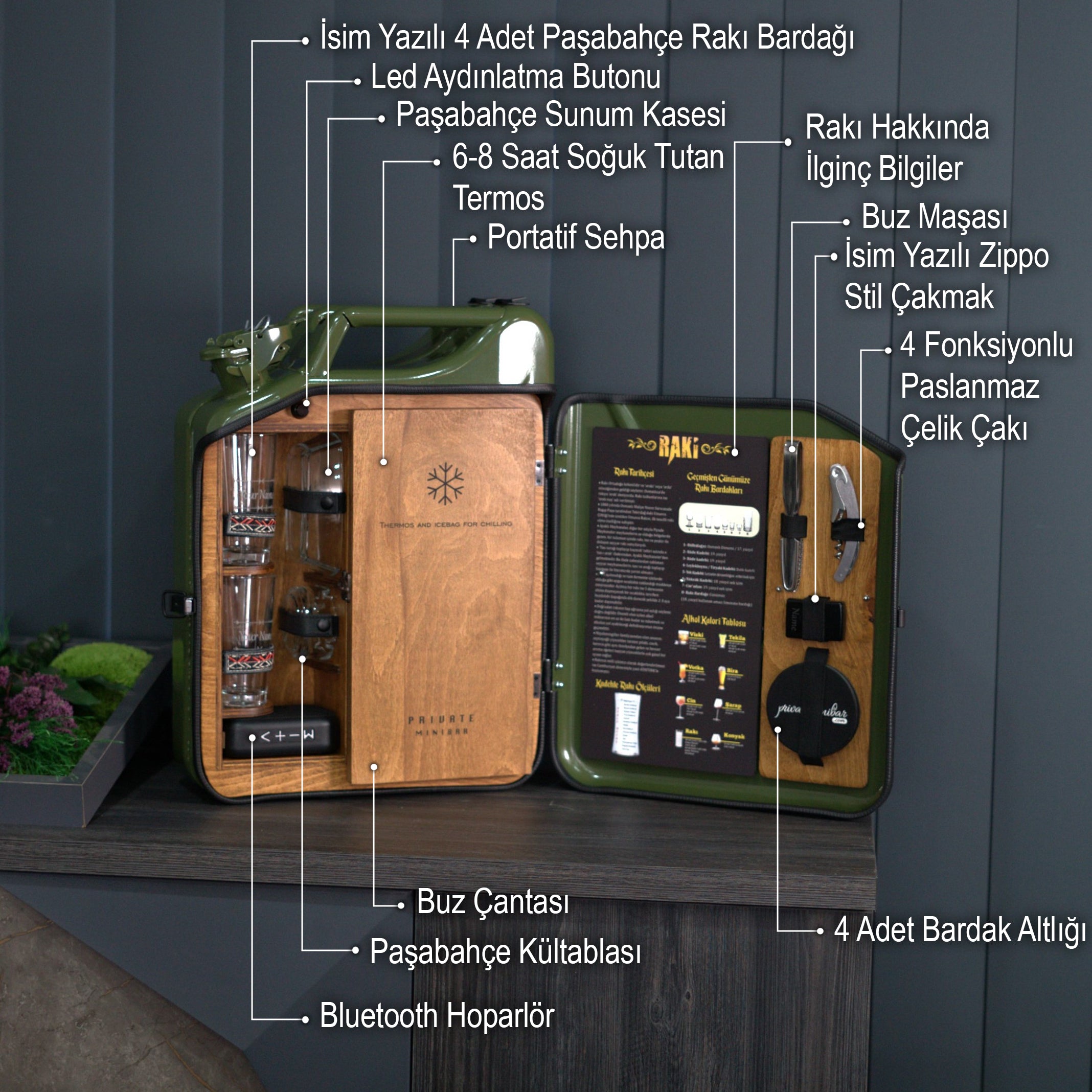 Çelik Bidon Termoslu Portatif Minibar / Full Aksesuar Rakı Konsept