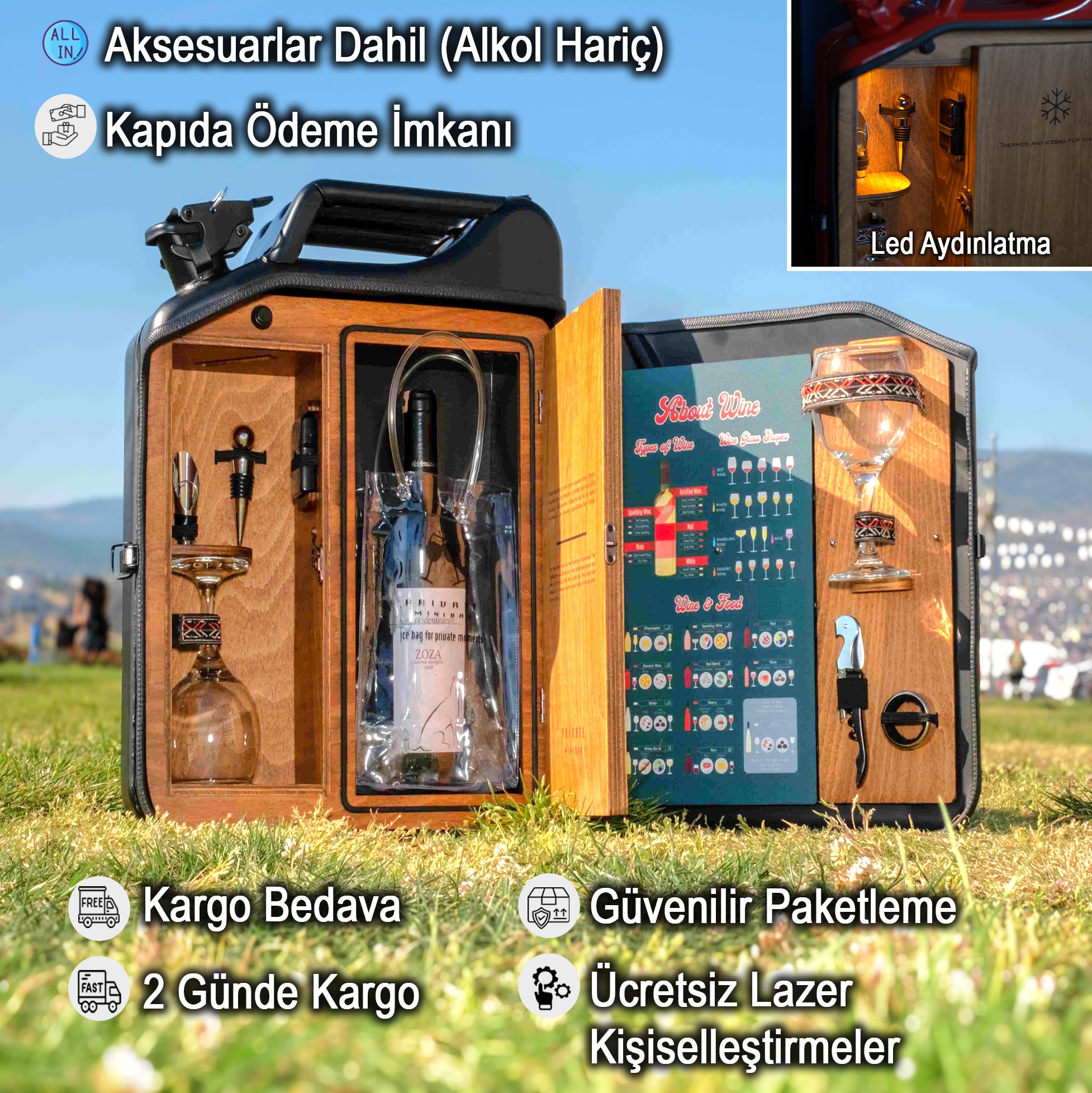 Çelik Bidon Termoslu Portatif Minibar / Full Aksesuar Şarap Konsepti