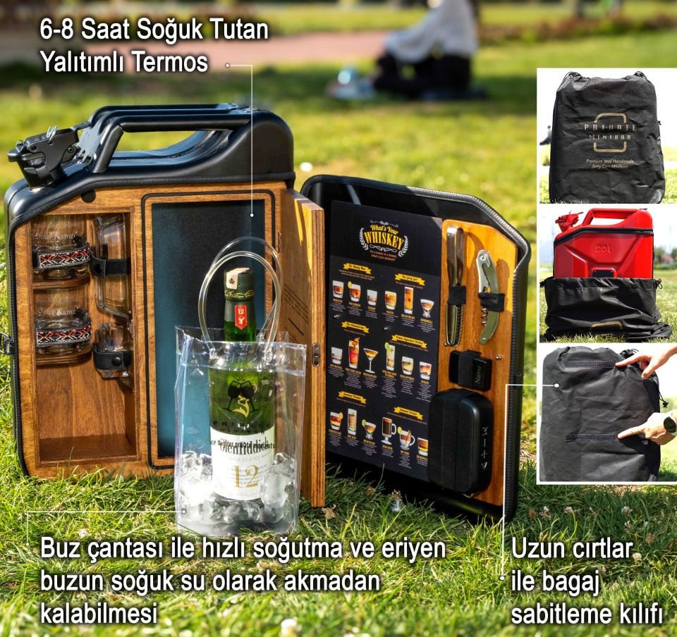 Çelik Bidon Termoslu Portatif Minibar / Full Aksesuar Viski Konsept