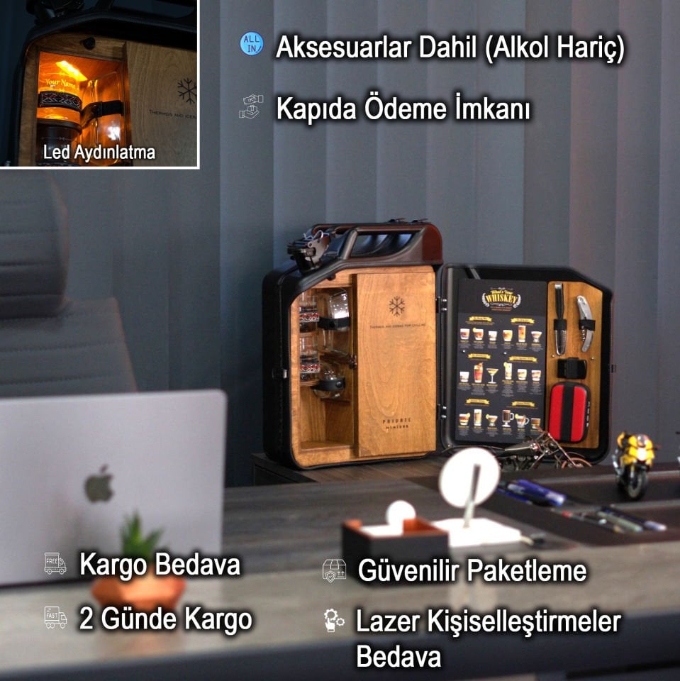 Çelik Bidon Termoslu Portatif Minibar / Full Aksesuar Viski Konsept